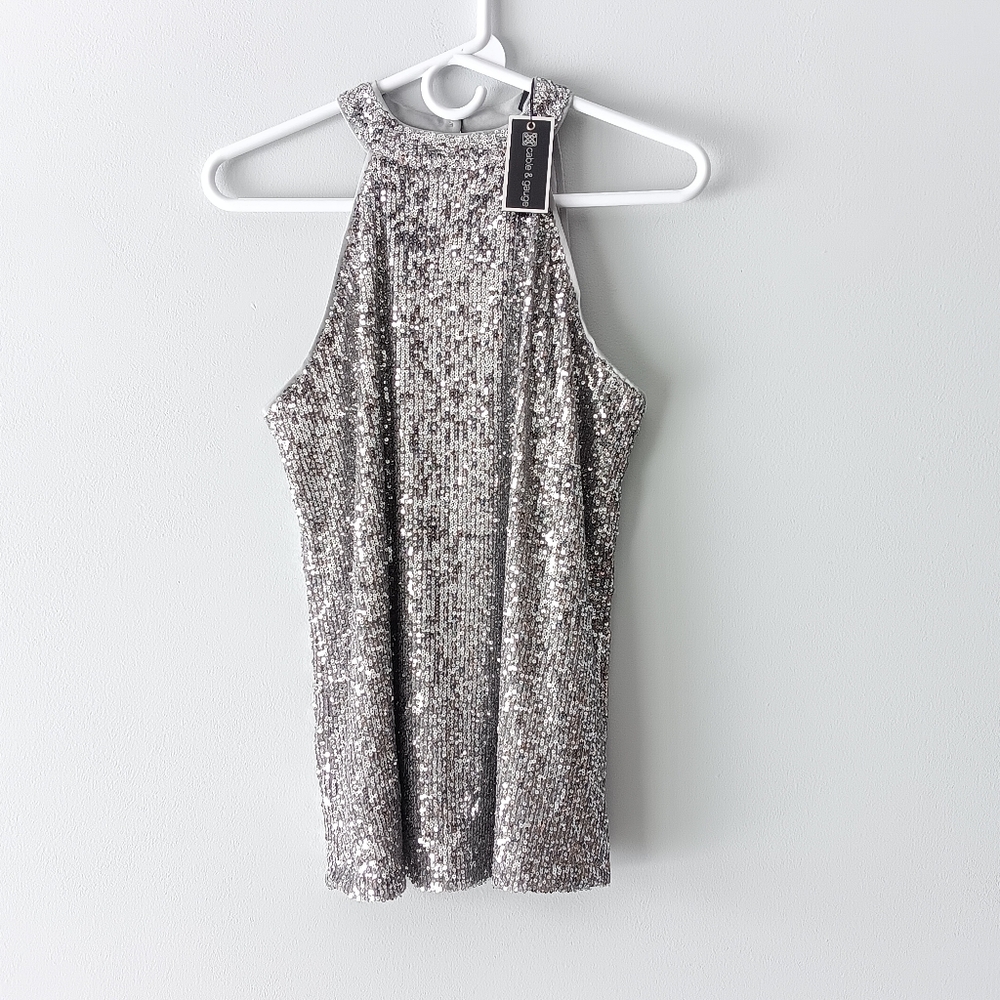 New Cable & Gauge Halter Tank Top Sleeveless Lined Sequins Lunar Silver Medium
